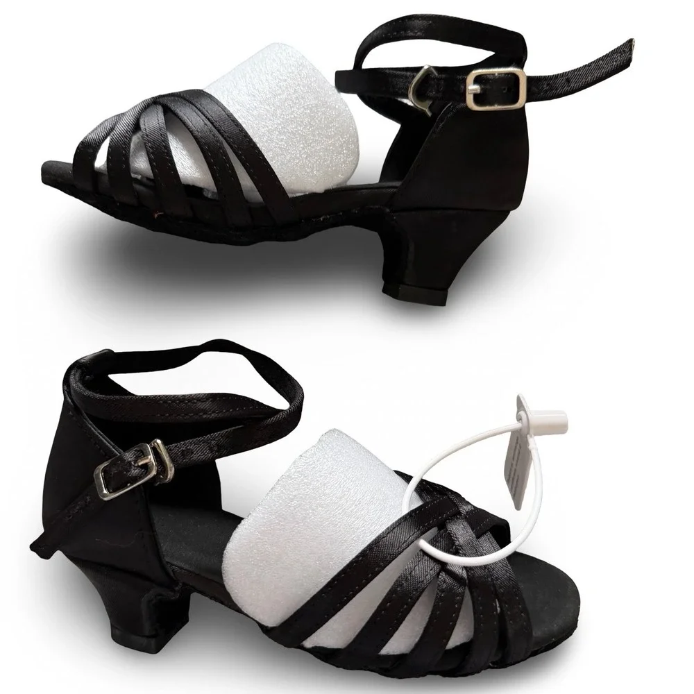 DanceandSway Kids Black Satin Latin Ballroom Dance Shoes Sz 7.5 EU 24 1.9